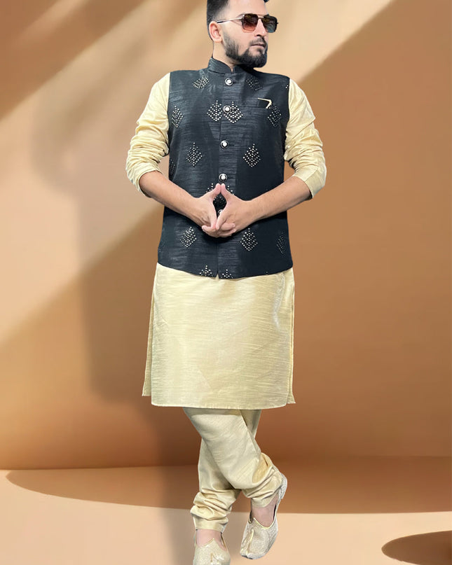 Ceram Silk Kurta Set with Black Jacket