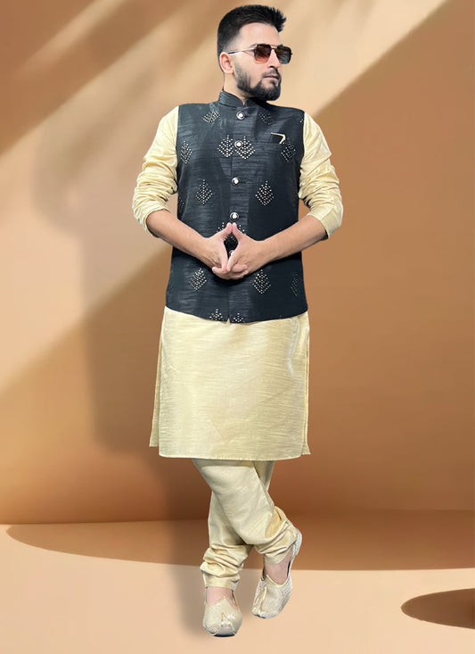Ceram Silk Kurta Set with Black Jacket