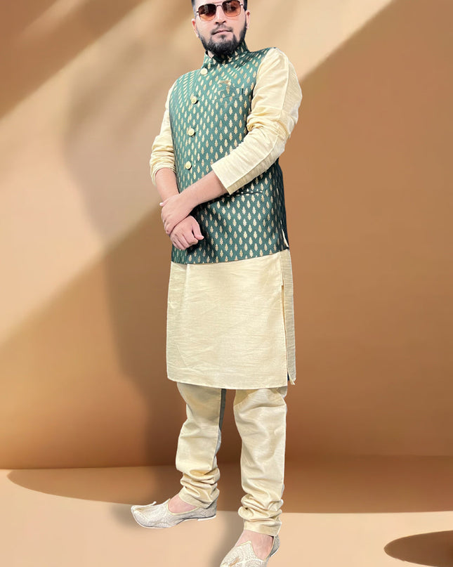Ceram Silk Kurta Set with Green Jacket