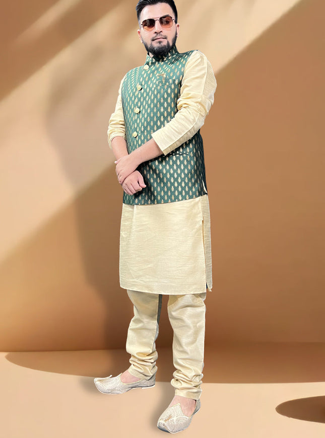 Ceram Silk Kurta Set with Green Jacket
