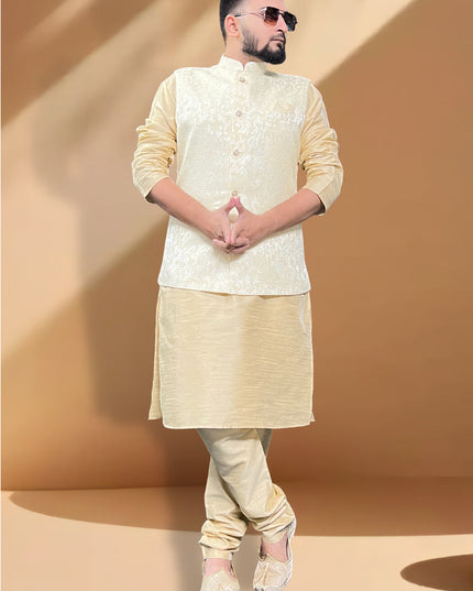 Cream Silk Kurta Set with Cream Jacket