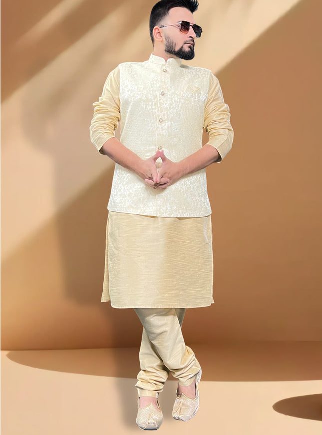 Cream Silk Kurta Set with Cream Jacket