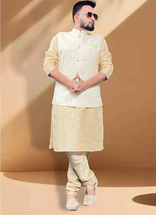 Cream Silk Kurta Set with Cream Jacket