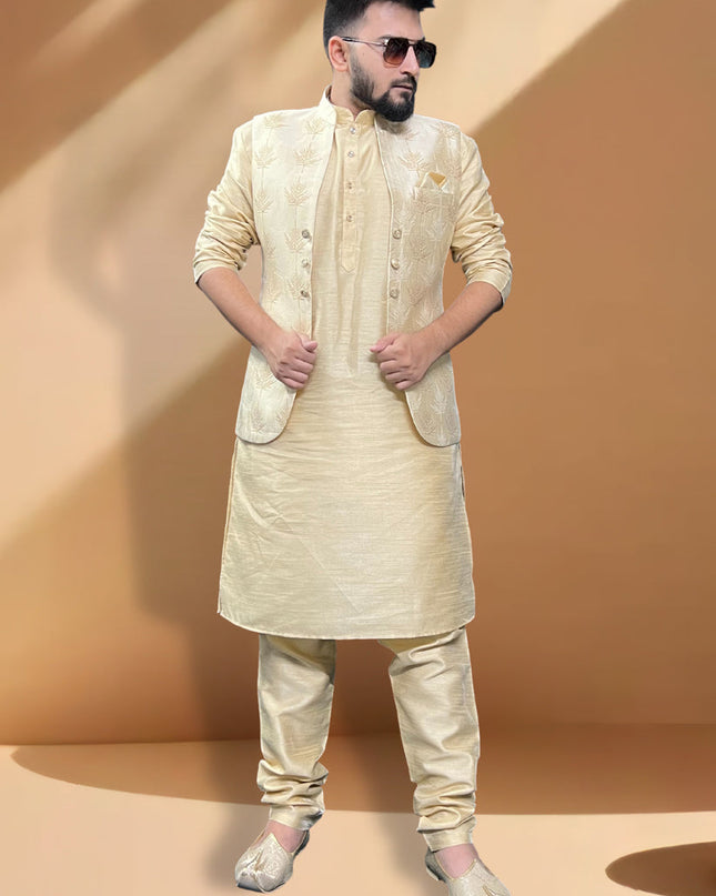 Cream Silk Kurta Set with Cream Jacket