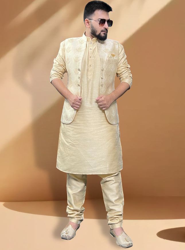 Cream Silk Kurta Set with Cream Jacket