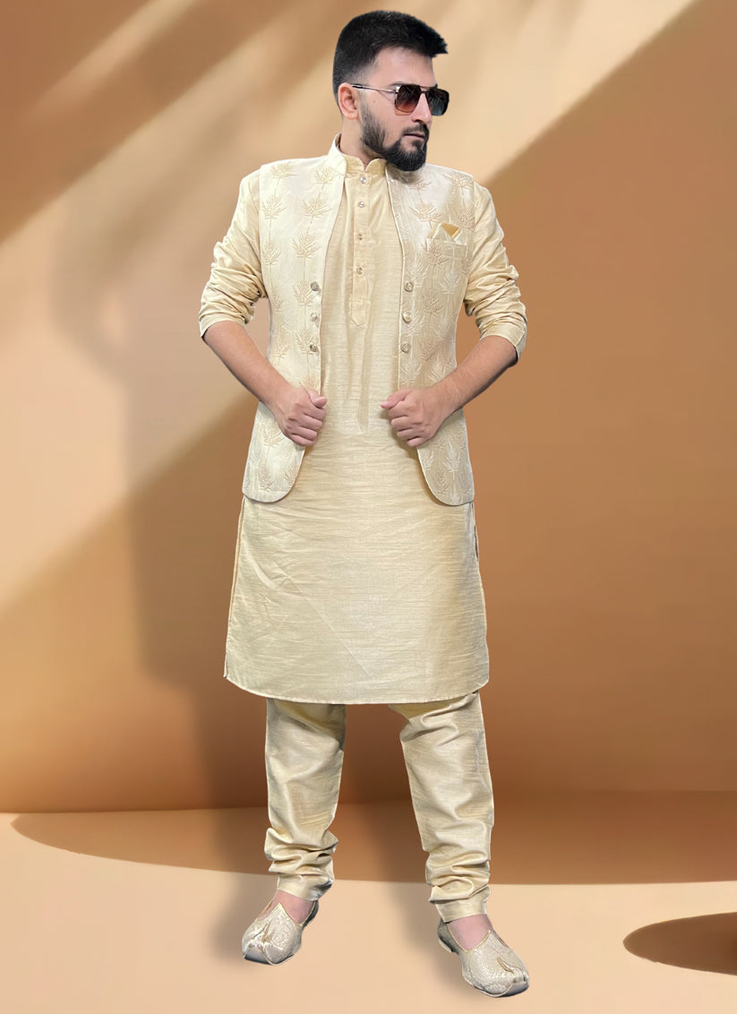 Cream Silk Kurta Set with Cream Jacket