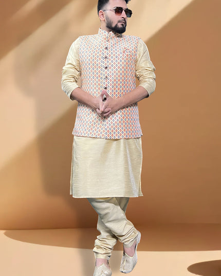 Cream Silk Kurta Set with Cream Jacket