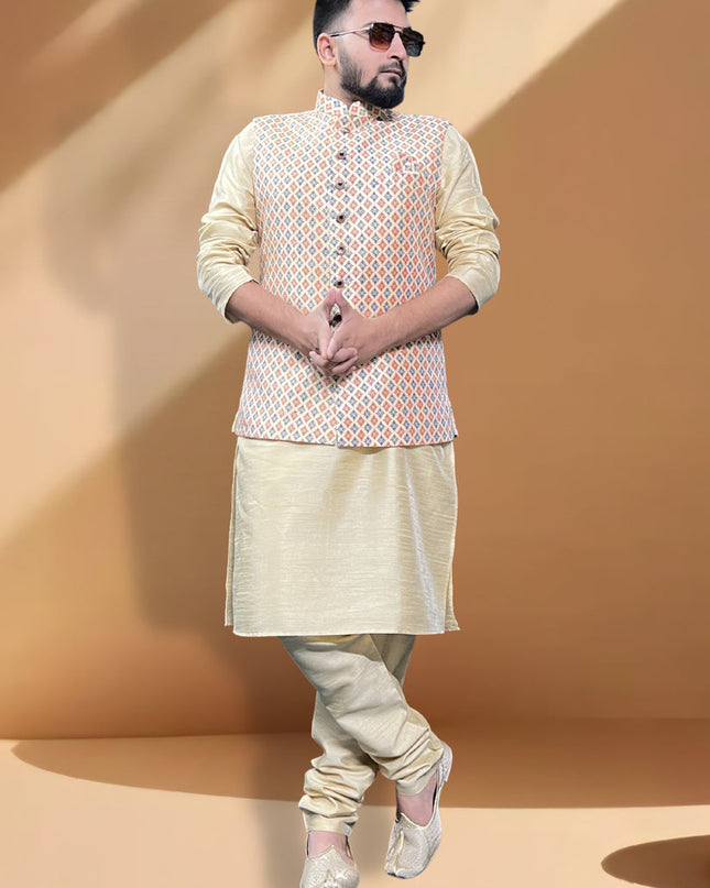Cream Silk Kurta Set with Cream Jacket