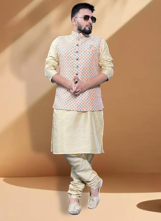 Cream Silk Kurta Set with Cream Jacket