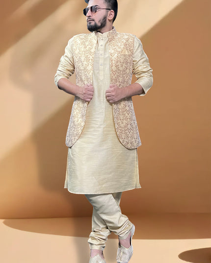 Cream Silk Kurta Set with Cream Jacket