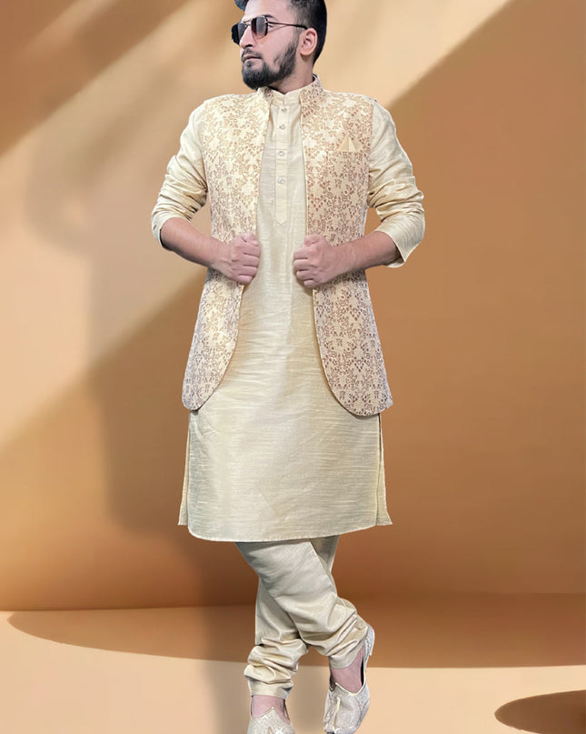Cream Silk Kurta Set with Cream Jacket