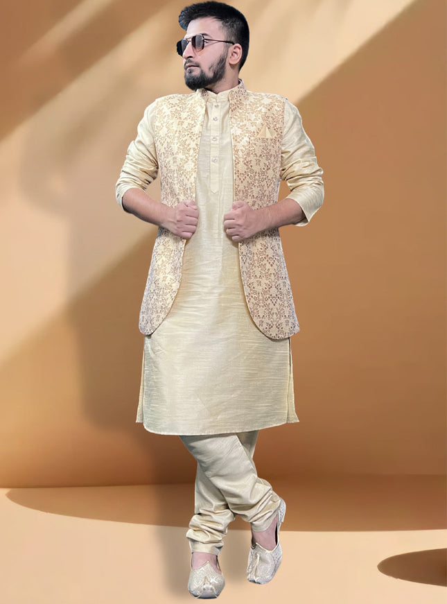 Cream Silk Kurta Set with Cream Jacket