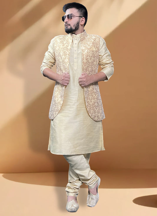 Cream Silk Kurta Set with Cream Jacket
