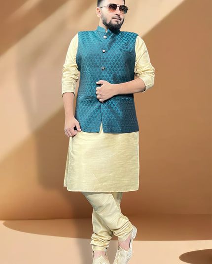 Cream Silk Kurta Set with Rama Green Jacket