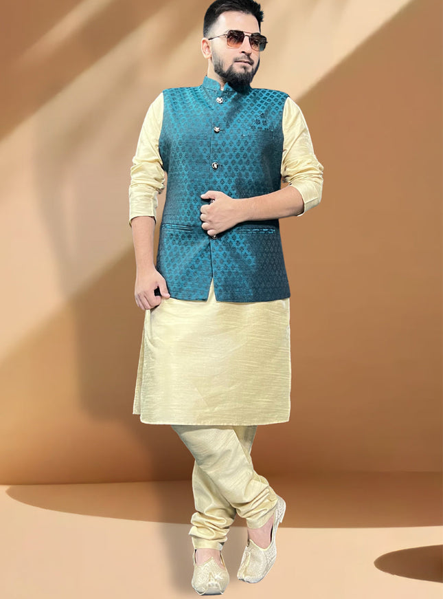 Cream Silk Kurta Set with Rama Green Jacket