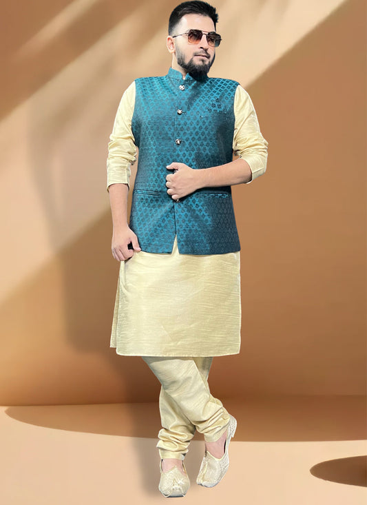 Cream Silk Kurta Set with Rama Green Jacket