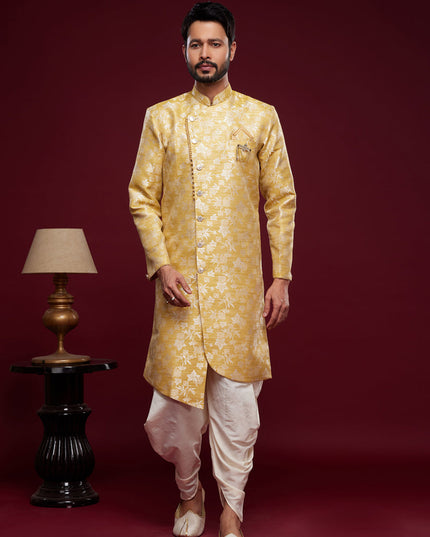 Yellow Banarasi Jacquard Indo Western Outfit