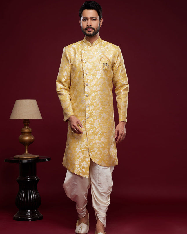 Yellow Banarasi Jacquard Indo Western Outfit