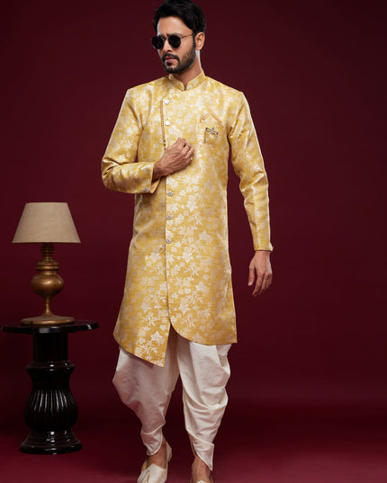 Yellow Banarasi Jacquard Indo Western Outfit