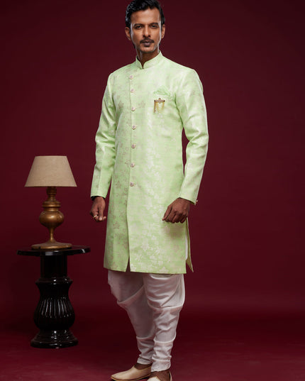 Pista Green Banarasi Jacquard Indo Western Outfit