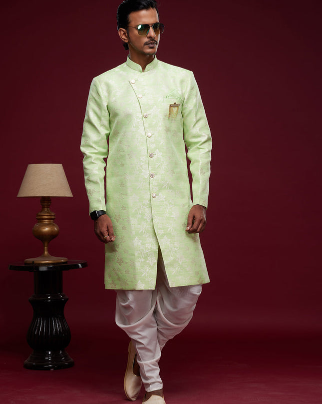 Pista Green Banarasi Jacquard Indo Western Outfit