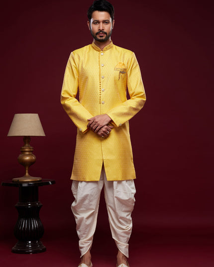 Golden Yellow Banarasi Jacquard Indo Western Outfit