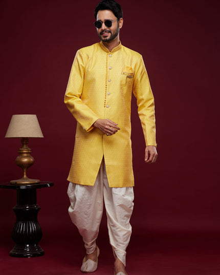Golden Yellow Banarasi Jacquard Indo Western Outfit