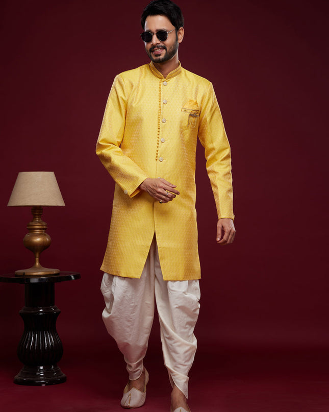 Golden Yellow Banarasi Jacquard Indo Western Outfit