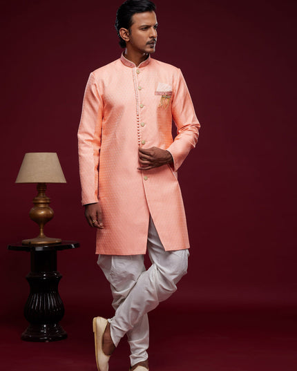 Salmon Pink Banarasi Jacquard Indo Western Outfit