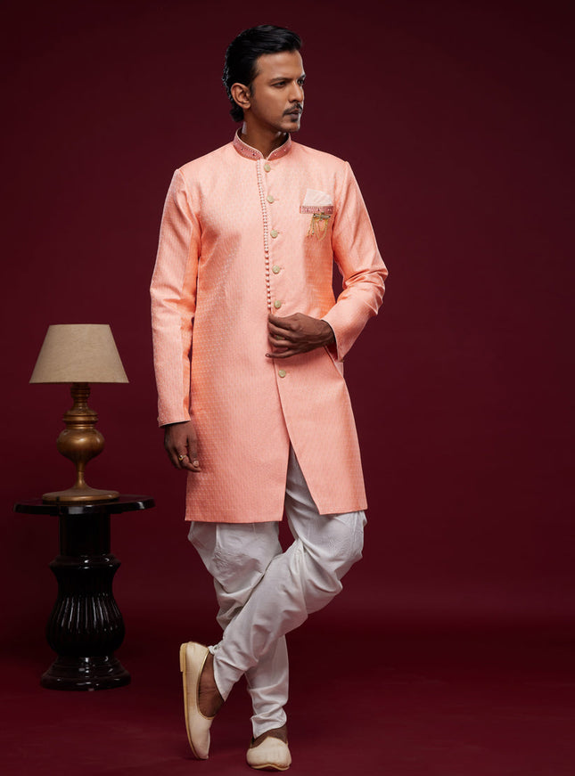 Salmon Pink Banarasi Jacquard Indo Western Outfit
