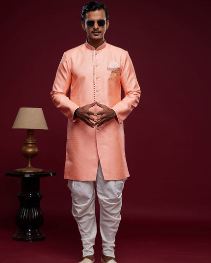 Salmon Pink Banarasi Jacquard Indo Western Outfit