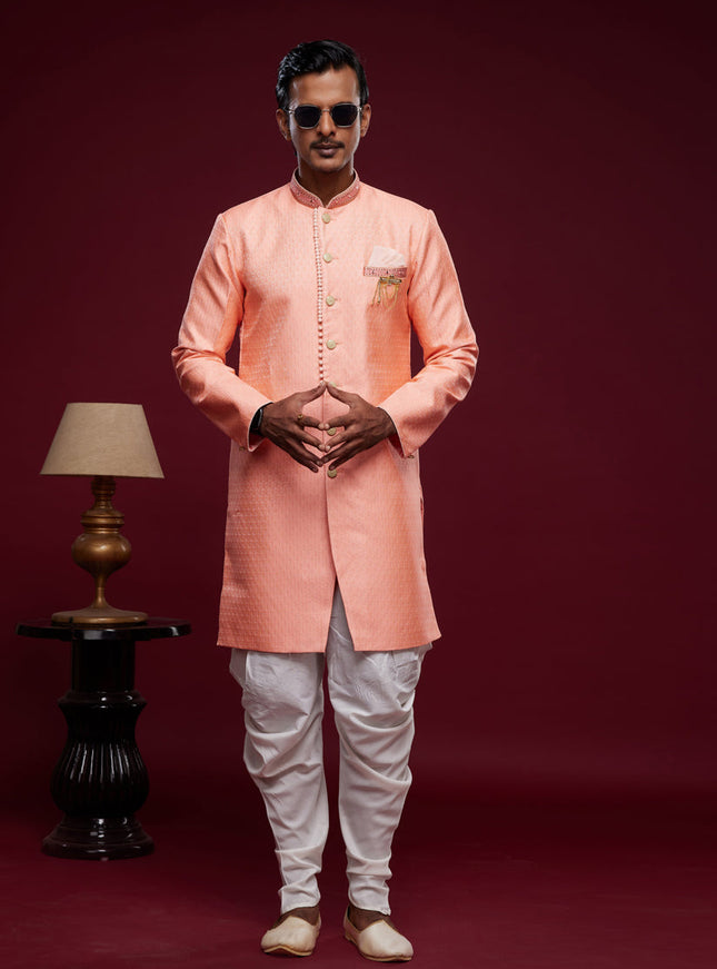 Salmon Pink Banarasi Jacquard Indo Western Outfit