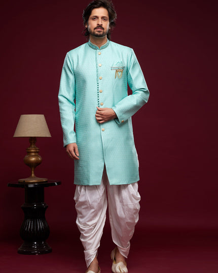 Turquoise Banarasi Jacquard Indo Western Outfit