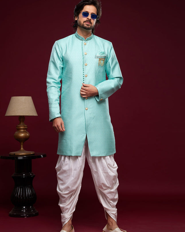 Turquoise Banarasi Jacquard Indo Western Outfit