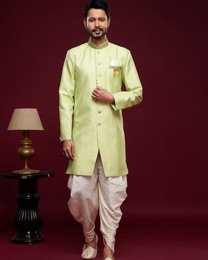 Pista Green Banarasi Jacquard Indo Western Outfit