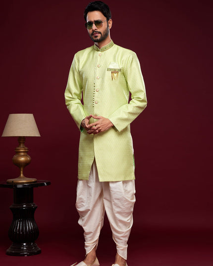 Pista Green Banarasi Jacquard Indo Western Outfit