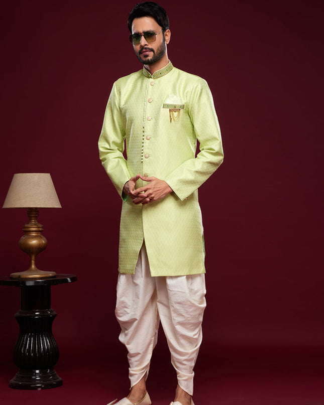 Pista Green Banarasi Jacquard Indo Western Outfit