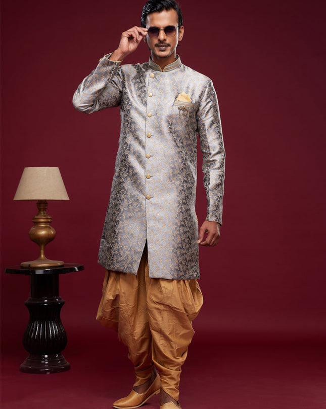 Grey Banarasi Jacquard Indo Western Outfit