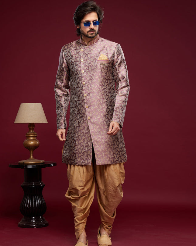 Onion Pink Banarasi Jacquard Indo Western Outfit