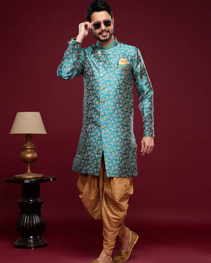 Teal Green Banarasi Jacquard Indo Western Outfit