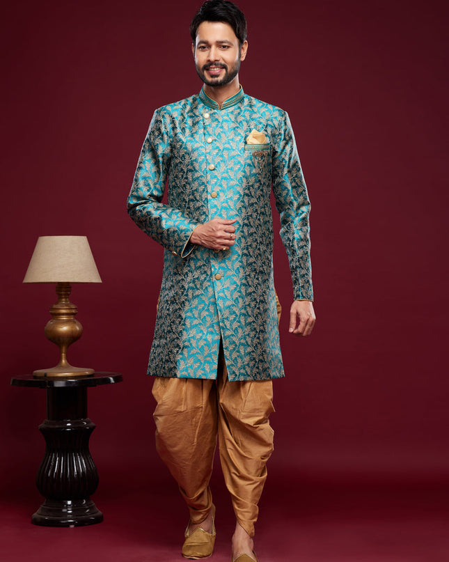 Teal Green Banarasi Jacquard Indo Western Outfit