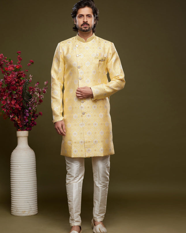 Yellow Banarasi Jacquard Indo Western Outfit