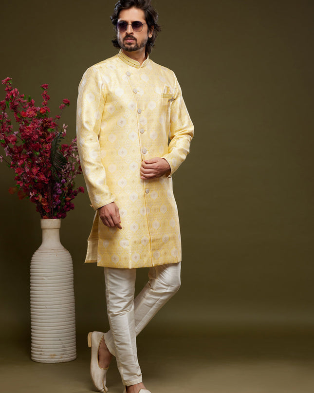 Yellow Banarasi Jacquard Indo Western Outfit