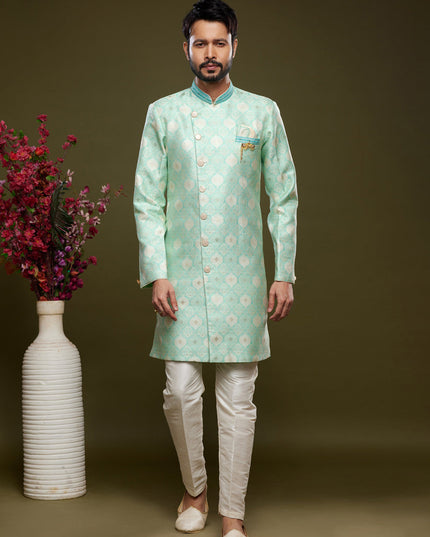 Pista Green Banarasi Jacquard Indo Western Outfit