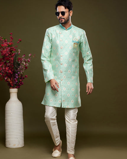 Pista Green Banarasi Jacquard Indo Western Outfit