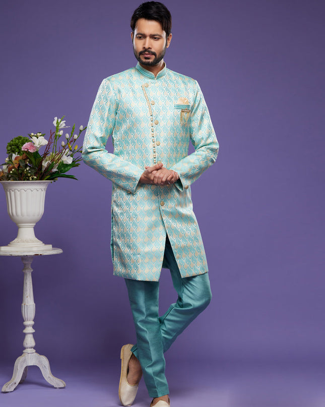 Turquoise Banarasi Jacquard Indo Western Outfit
