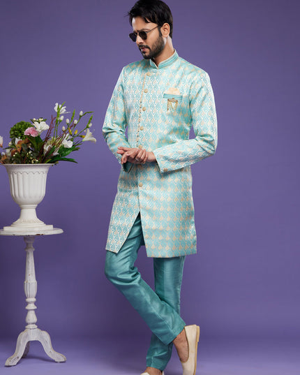 Turquoise Banarasi Jacquard Indo Western Outfit