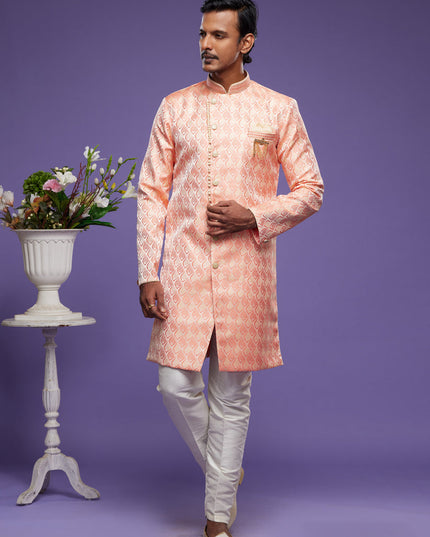 Salmon Pink Banarasi Jacquard Indo Western Outfit