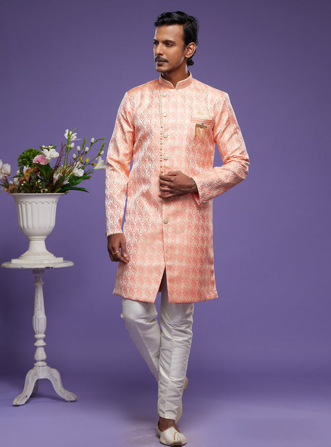 Salmon Pink Banarasi Jacquard Indo Western Outfit