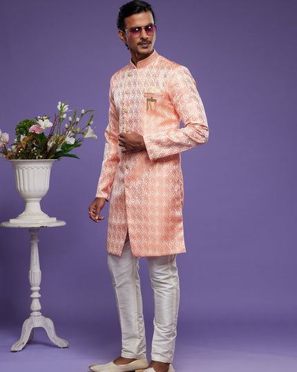 Salmon Pink Banarasi Jacquard Indo Western Outfit